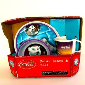 Coca-Cola Polar Bears & Seal 3 Piece Kid's Set Melamine Plate/Bowl/Cup